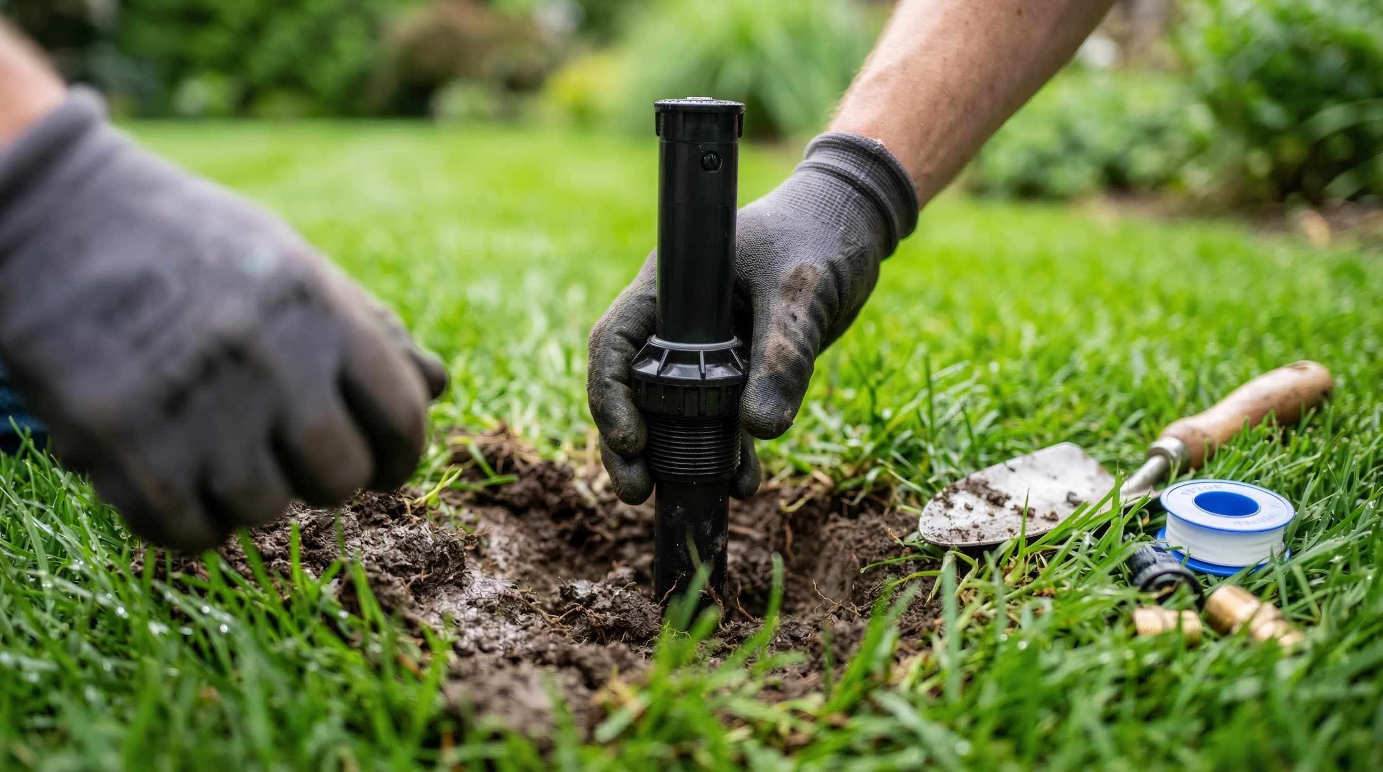 Instalação de aspersor de rega automática num jardim